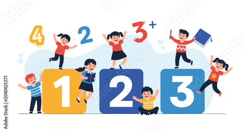 Cheerful children playing around giant colorful numbers one two and three to celebrate learning math in a flat vector illustration.