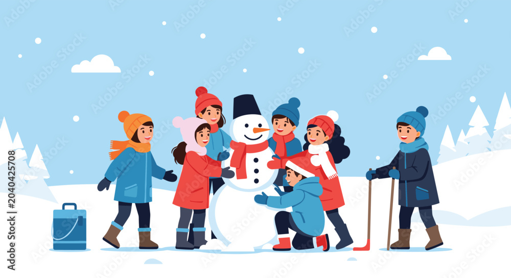 Fototapeta premium Group of children dressed in warm winter clothing work together to build a large friendly snowman in a snowy landscape with pine trees.
