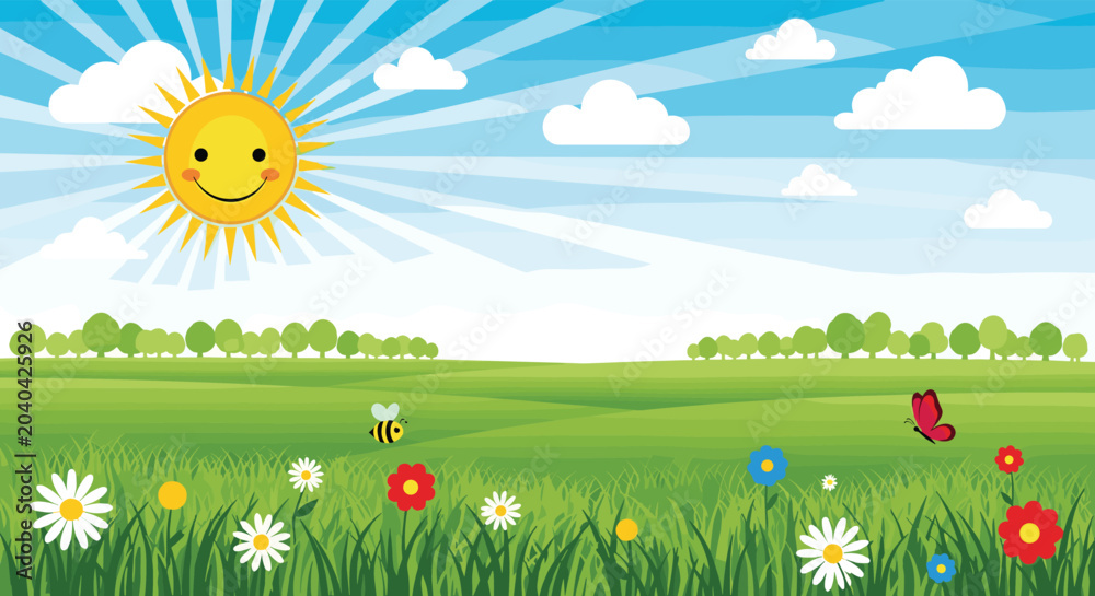 Obraz premium Beautiful sunny day landscape featuring a smiling sun, green hills, colorful wildflowers, a flying bee, and a red butterfly in a meadow.
