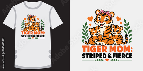 Photography Tiger mom with cute cubs striped and fierce vector illustration wild jungle animal graphic