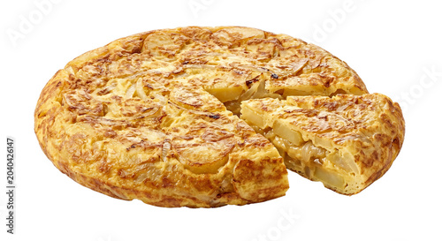 Photos Traditional Spanish potato omelet tortilla with sliced piece