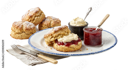 Fotografie Traditional English scones with clotted cream and strawberry jam