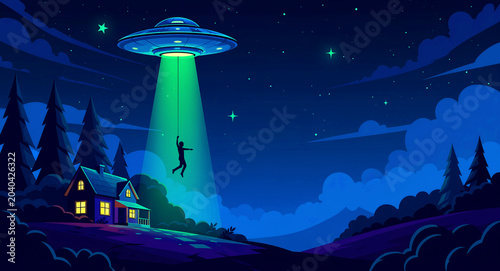 UFO abducting a person over a house with a green beam. Silhouette floating into a flying saucer during a starry night. Sci-fi alien encounter concept for mystery and paranormal content.