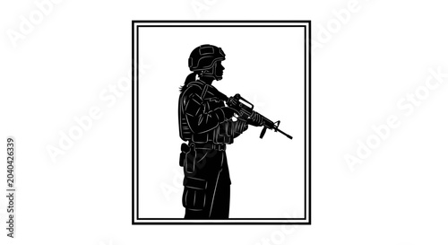 Female soldier in tactical gear holding assault rifle, profile view, black and white illustration