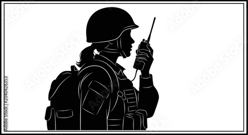 Female soldier silhouette with radio, communication, tactical gear, and backpack