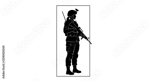 Female soldier silhouette with rifle, tactical gear, and helmet, standing guard