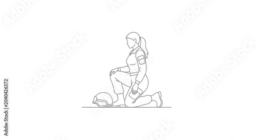 Female Soldier Kneeling in Uniform with Helmet, Respectful Pose