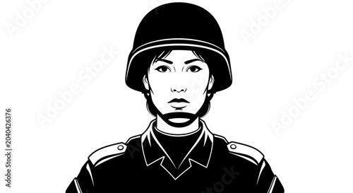 Female Soldier Portrait, Military Helmet, Black and White, Serious Expression