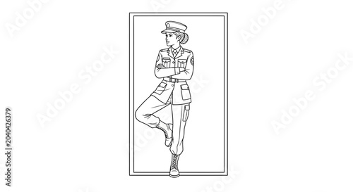 Female Soldier Standing at Attention in Uniform, Military Woman Posing Confidently
