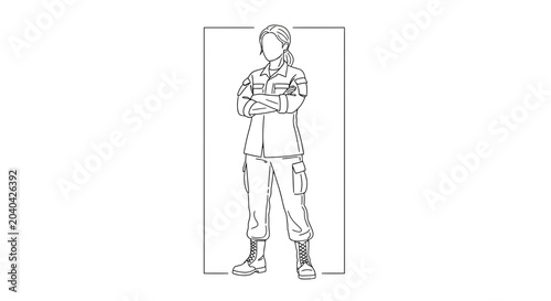 Female Soldier Standing Confidently with Arms Crossed, Military Uniform, Line Art Illustration