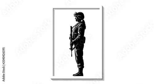 Female soldier standing at attention with rifle, silhouette, black and white