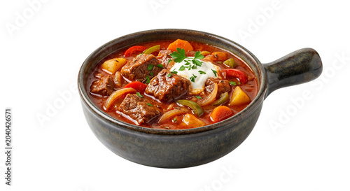 Photography Hearty Hungarian beef goulash soup with potatoes and sour cream