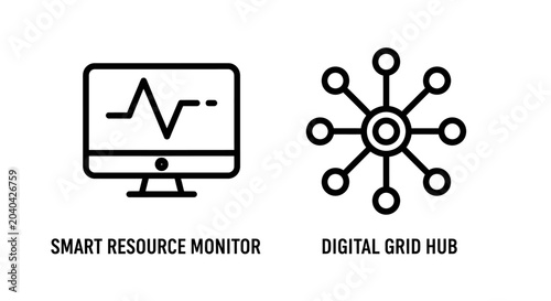 Smart resource monitor and digital grid hub technology infrastructure icons