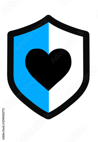 Blue and white shield icon with black heart