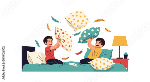 Two joyful young boys having a fun pillow fight on a bed with feathers flying around in a cozy bedroom setting.