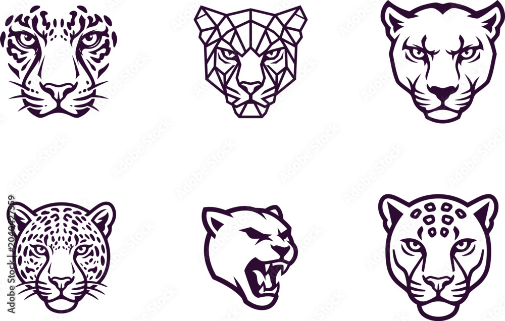 Obraz premium Collection of big cat head illustrations in various styles and expressions