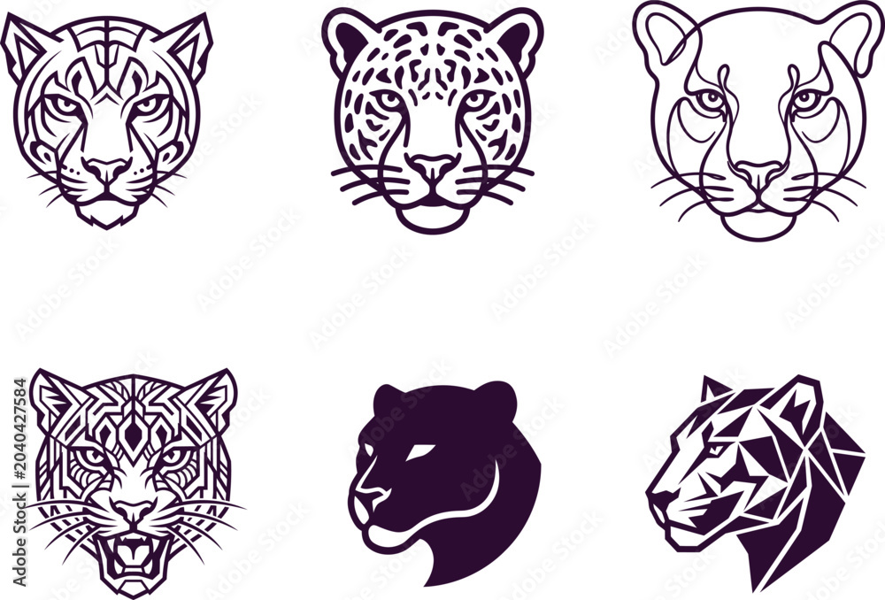 Fototapeta premium Collection of six different animal head illustrations featuring various big cat species