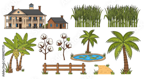 Foto Southern plantation elements set: historic house, farm buildings, cotton, palms,