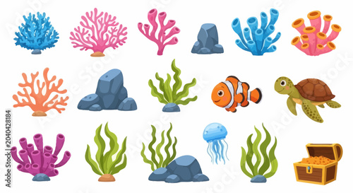 Ocean life elements collection including coral, seaweed, rocks, fish, turtle, jellyfish, and treasure chest