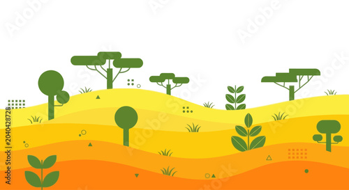 Slika na platnu Vector illustration of a stylized African savanna landscape with acacia trees and rolling hills under a white sky
