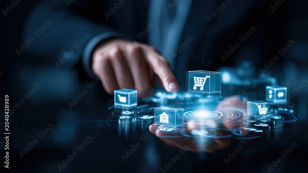 Fototapeta premium Businessperson interacts with holographic e commerce interface using gestures