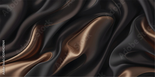 Konstfotografi Luxurious Black and Gold Silk Fabric Texture – Elegant Abstract Flowing Waves