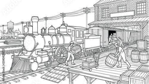 Tableau sur toile Vintage steam train at railway station freight depot coloring page, historical i