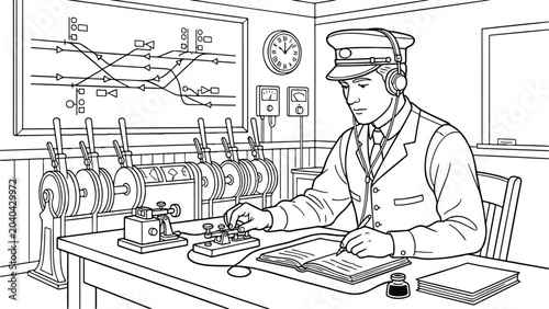 Bild auf Leinwand Vintage train dispatcher in control room coloring page, railway signalman operat