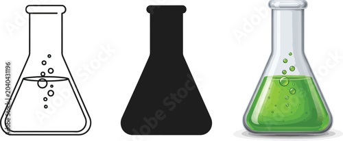 Tableau sur toile Collection of Erlenmeyer flasks in outline silhouette and realistic styles with