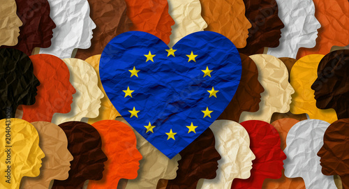 EU flag heart surrounded by diverse human profiles. Multiracial skin tones represent European social inclusion. Unity and diversity concept for political and community campaigns.