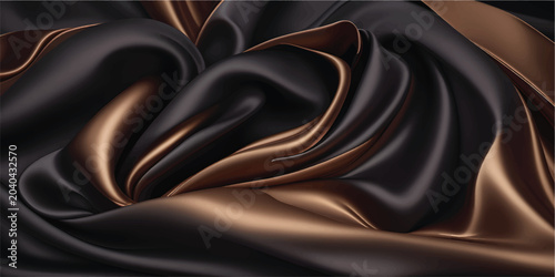 Luxury brown and golden silk satin fabric background with a smooth chocolate textile texture featuring soft shiny waves for an elegant fashion backdrop design