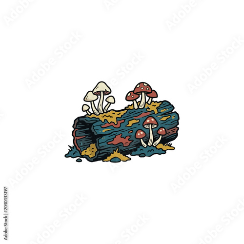 Tiny mushroom log illustration