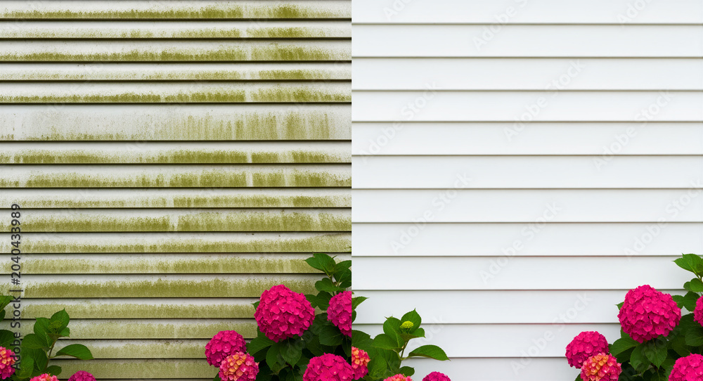 Fototapeta premium Before and after comparison of dirty and clean white vinyl siding on a house. Mold removal through professional pressure washing. Home maintenance concept for exterior cleaning service marketing.