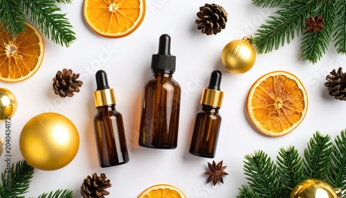 Festive Essential Oil Bottles Surrounded by Oranges, Pine Cones, and Ornaments.