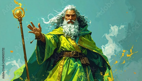 Mystical Wizard with Flowing White Hair and Golden Staff in Enchanting Attire.
