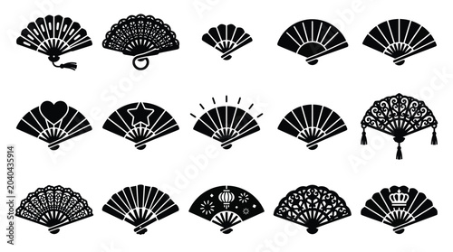 Collection of various black and white traditional folding fans with decorative elements.