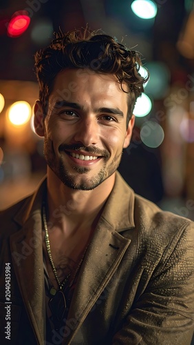 A man smiles warmly in a blurred nighttime setting