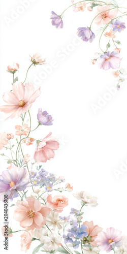 Watercolor floral border composition with soft pastel flowers.