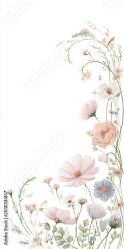 Watercolor floral border with soft pink cosmos and wildflowers.