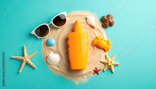 Summer Vacation Essentials on Sandy Beach.