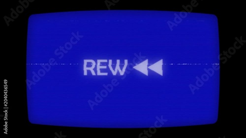 Blue tv screen with rewind icon amidst static analog interference, suitable for video editing projects, retrothemed designs, or technology presentations.