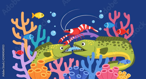 Fotografía Cartoon moray eels and shrimp in coral reef scene, flat design vector illustrati