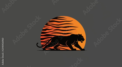 Foto Black panther silhouette against a tiger striped sun, minimalist graphic concept
