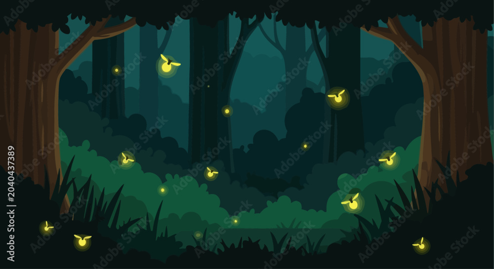 Fototapeta premium Magical forest scene with fireflies glowing at dusk, flat design illustration