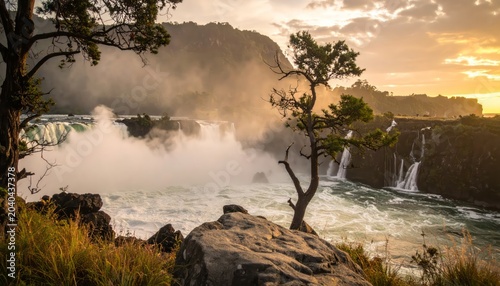 Victoria Falls Landscape at Sunset with Trees.