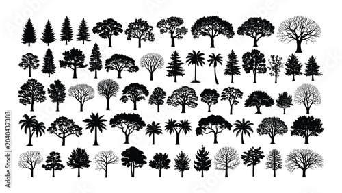 Tableau sur toile Trees collection displays a diverse array of various species in a simple black silhouette style