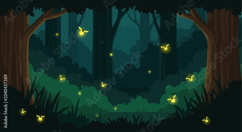 Magical forest scene with fireflies glowing at dusk, flat design illustration