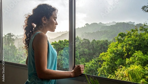 Woman gazing out of a window at a lush green landscape, thoughtful expression.