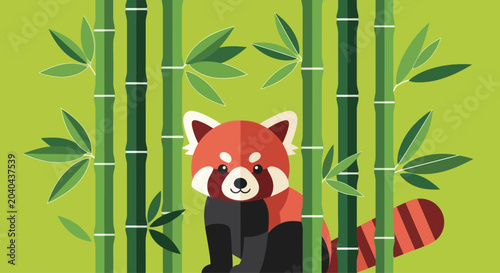 Cute cartoon red panda sitting among green bamboo stalks, flat design graphic element