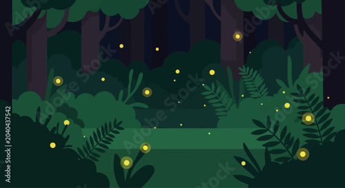 Magical forest at night with glowing fireflies and lush green foliage